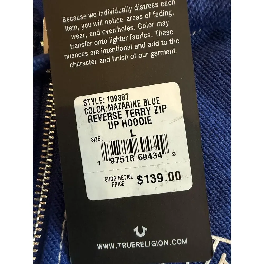 True Religion Hoodie Mens Large Blue Reverse Terry Zip Up Sweatshirt NWT